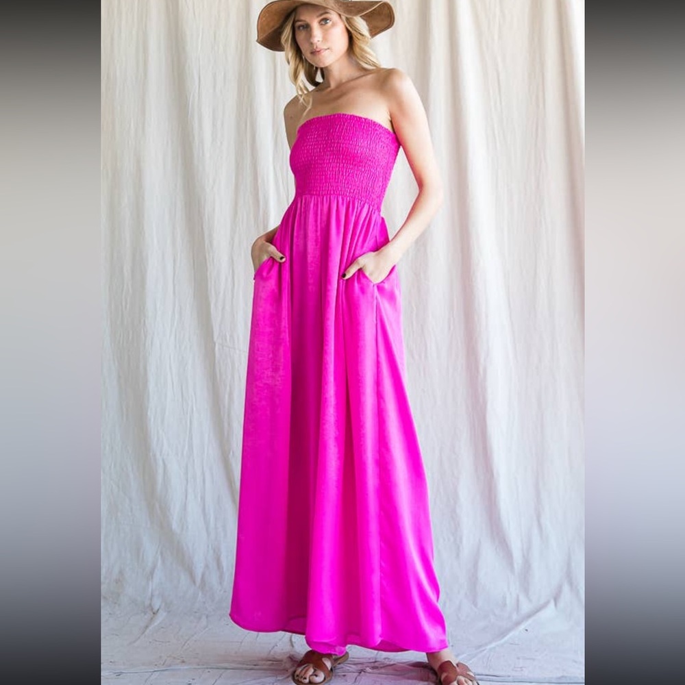 ✨ NEW LIST ✨ Fuchsia Smocked Top Strapless Wide Leg Jumpsuit Shiny Like Satin - Picture 4 of 5